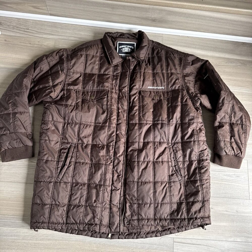 State Property Jacket Mens 4XL Brown Quilted Puffer 90's Rap Hip Hop Y2K Zip Up